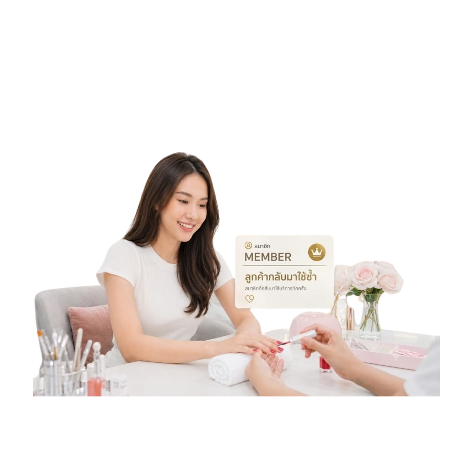 ลูกค้าทำเล็บในร้าน พร้อมป้ายบัตรสมาชิกสำหรับลูกค้าที่กลับมาใช้ซ้ำ