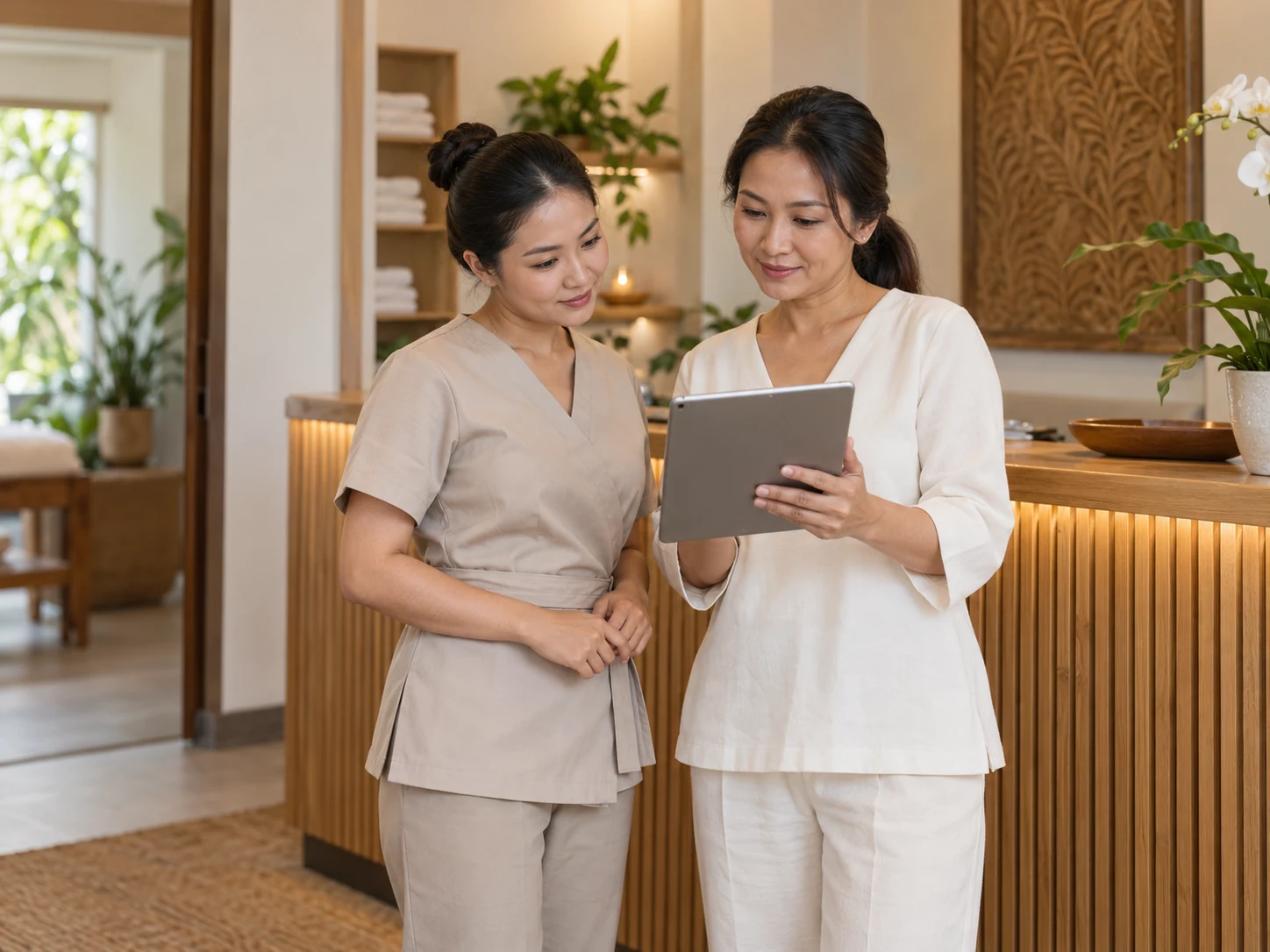 ภาพประกอบเจ้าของร้านสปาและทีมทบทวนงานร่วมกัน