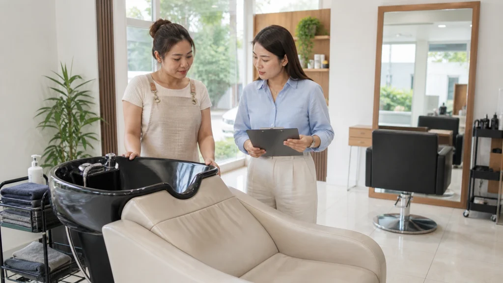 เจ้าของร้านและช่างตรวจพื้นที่และอ่างสระก่อนเพิ่มบริการ Head Spa