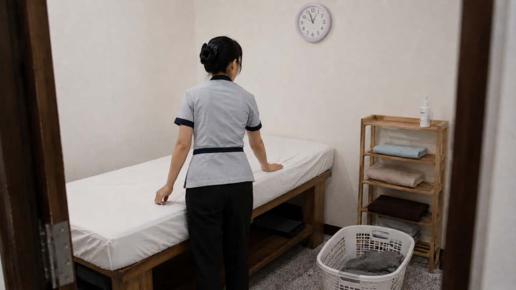 พนักงานสปาจัดเตียงและผ้าสะอาดระหว่างรอบบริการ