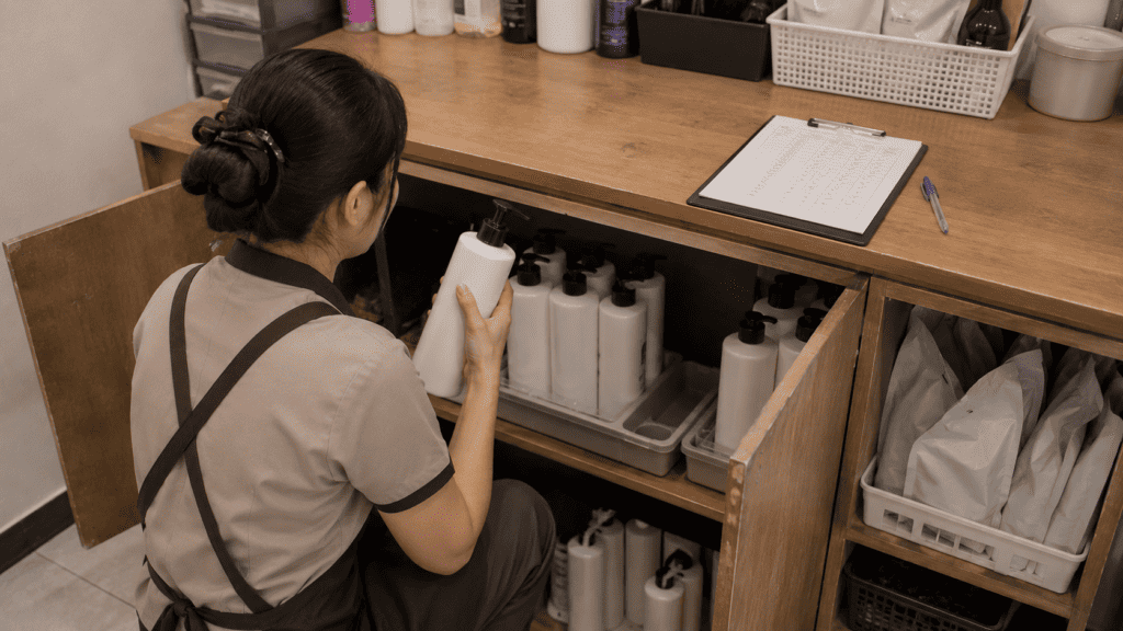 พนักงานร้านเสริมสวยตรวจนับขวดผลิตภัณฑ์เทียบกับใบตรวจสต๊อก