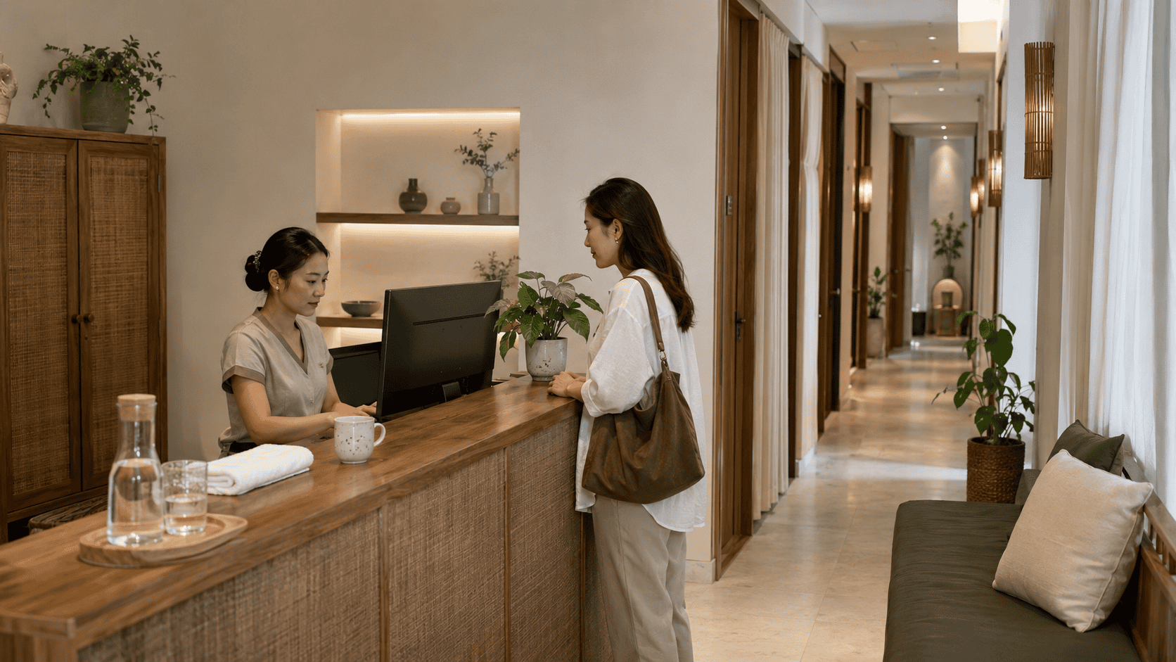 พนักงานต้อนรับกำลังยืนยันนัดหมายกับลูกค้าประจำของร้านสปา