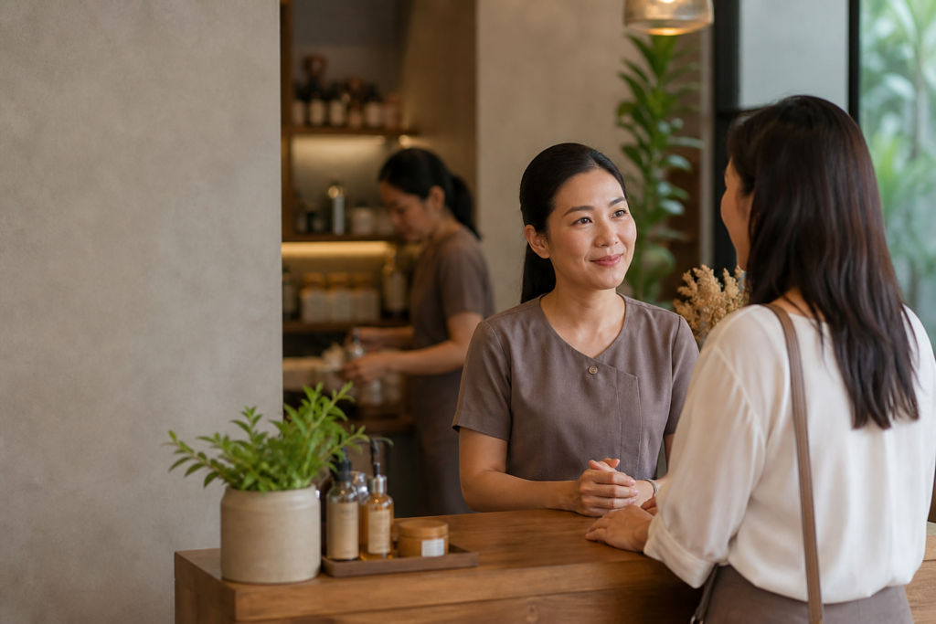 เจ้าของร้านบริการพูดคุยกับลูกค้าประจำหลังจบบริการ