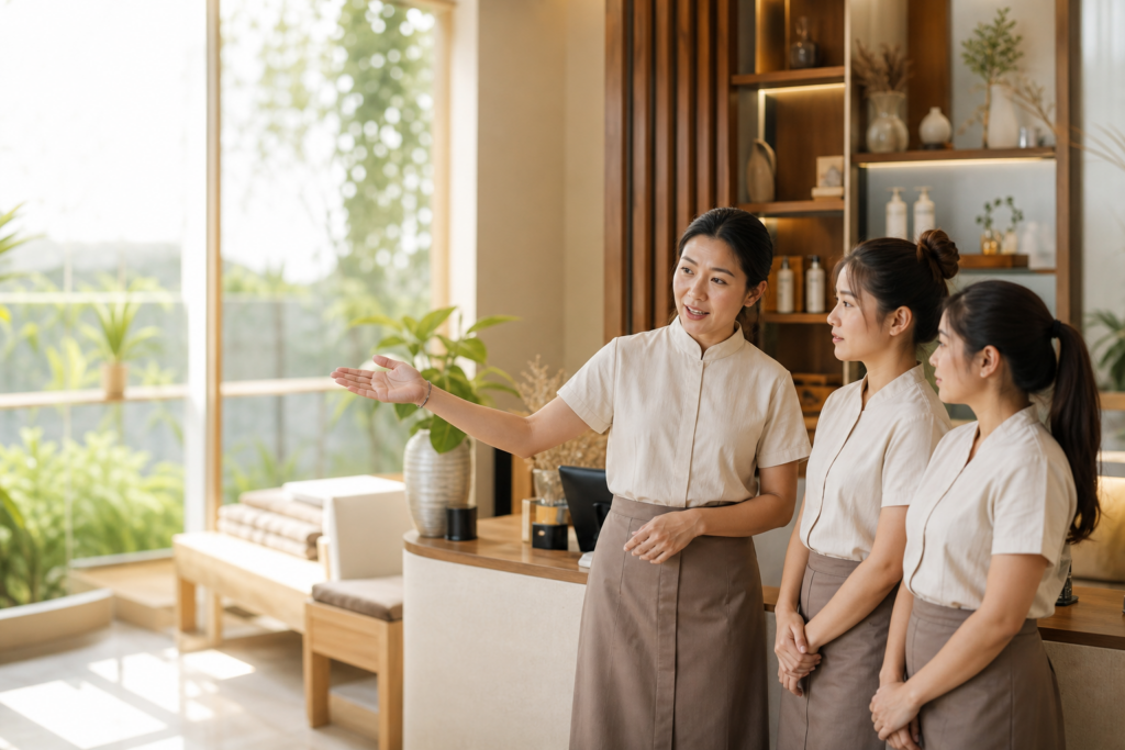 หัวหน้าทีมสาธิตขั้นตอนต้อนรับให้พนักงานในร้านจริง
