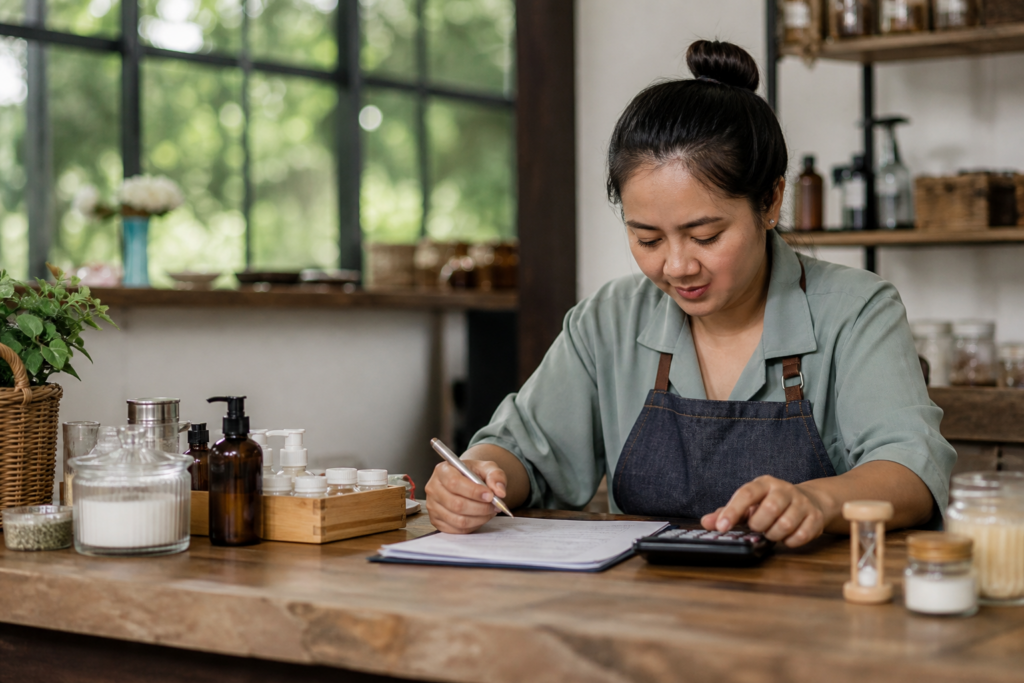 เจ้าของร้านคำนวณต้นทุนจากเวลา วัสดุ และค่าแรงบนโต๊ะทำงานจริง