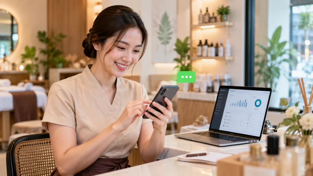 เจ้าของร้านบริการดูข้อความ LINE ของร้านบนมือถือที่เคาน์เตอร์