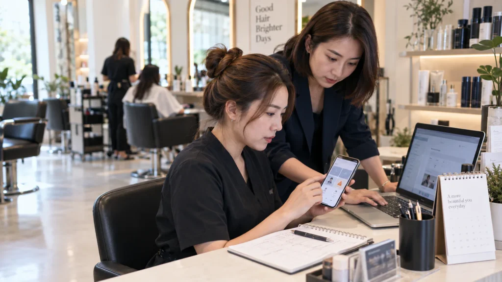 แอดมินและผู้จัดการร้านเสริมสวยตรวจปัญหาเมนูจองบนโทรศัพท์กับการตั้งค่าบนแล็ปท็อป
