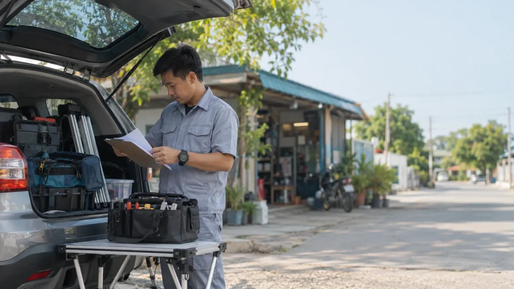 ช่างเช็กรายการอุปกรณ์ข้างรถหน้าร้านก่อนออกไปทำงานนอกสถานที่