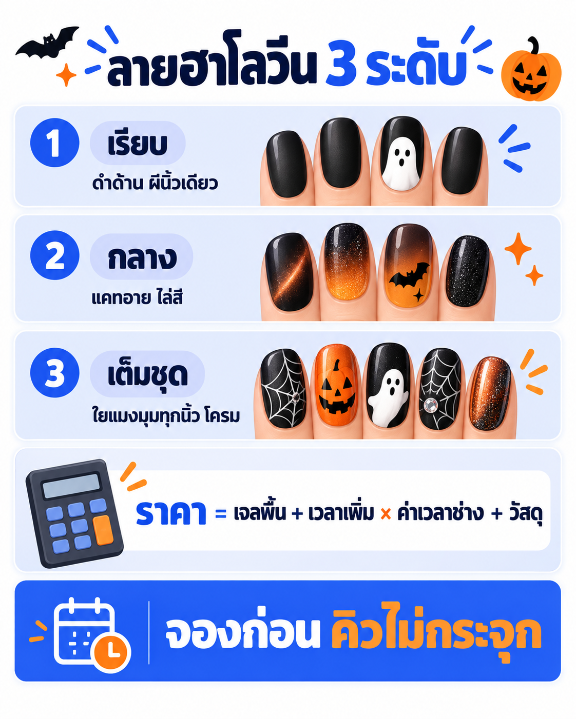 เช็กลิสต์เปิดจองเล็บลายฮาโลวีน ตั้งแต่ลายสามระดับ ราคาจากเวลาที่เพิ่ม มัดจำ จำกัดคิวลายยาก จนถึงนัดถอดเล็บหลังวันงาน