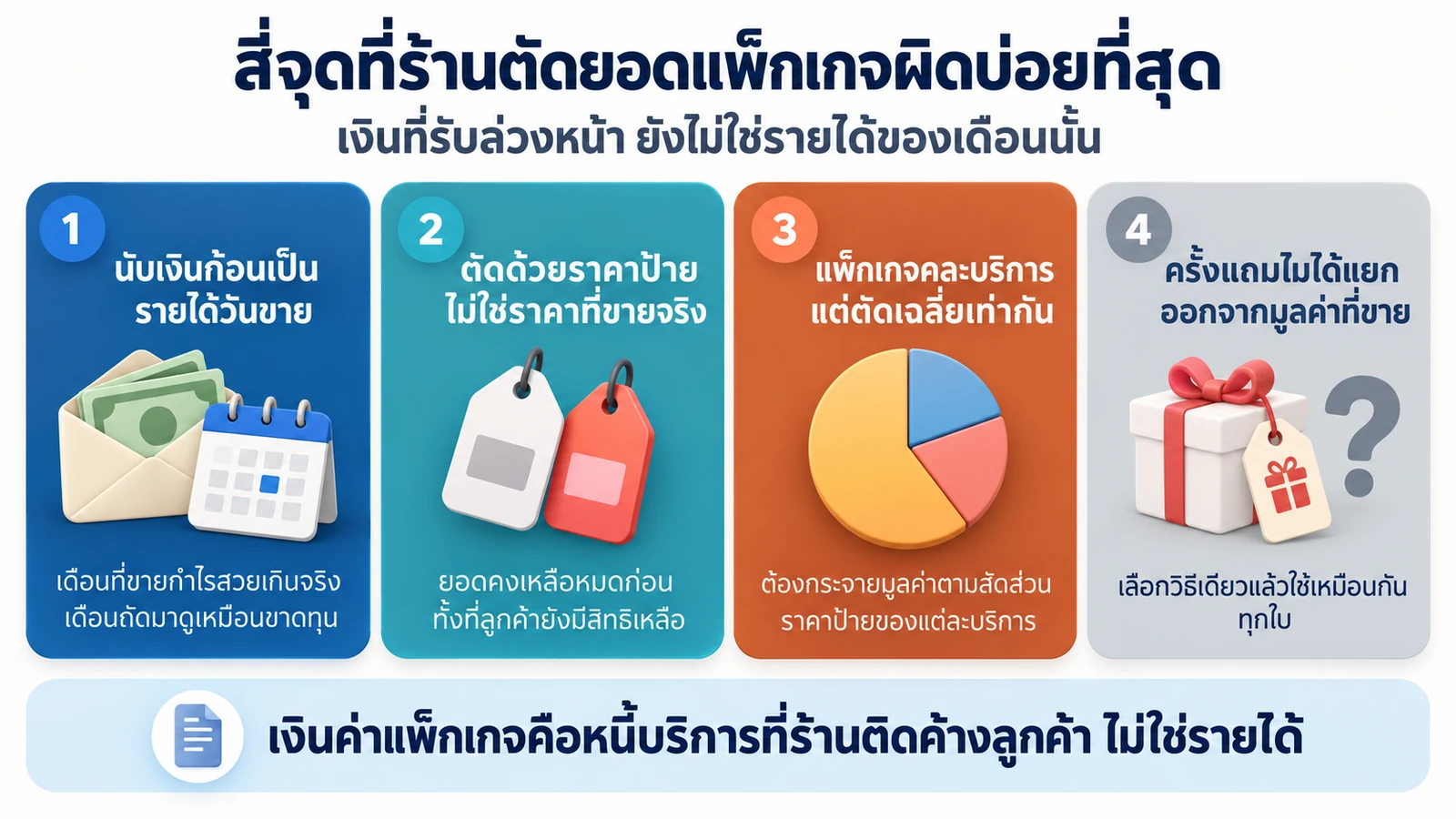 การ์ดสี่ใบสรุปจุดที่ร้านบริการตัดยอดคงเหลือแพ็กเกจผิดบ่อยที่สุด