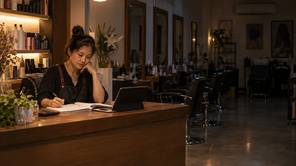 เจ้าของร้านเสริมสวยตรวจยอดคงเหลือคอร์สลูกค้าหลังปิดร้าน