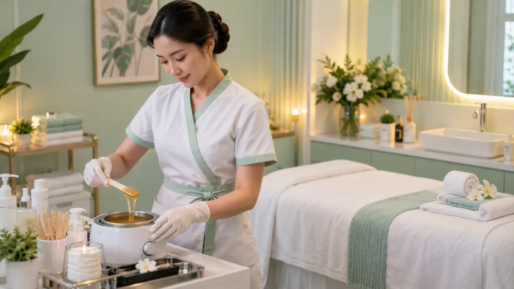 พนักงานร้านเสริมสวยเตรียมอุปกรณ์แว็กซ์ขนในห้องบริการ