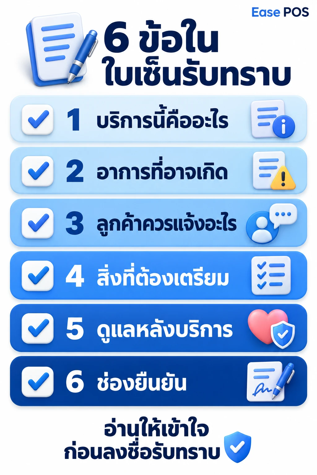 อินโฟกราฟิกสรุปหกข้อในใบเซ็นรับทราบก่อนบริการเสี่ยง เหมาะสำหรับแชร์ในกลุ่มเจ้าของร้าน
