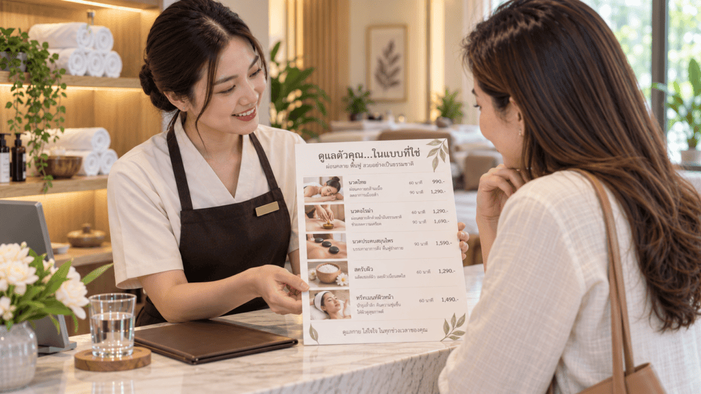 ผู้จัดการร้านอธิบายยอดคืนคอร์สให้ลูกค้าดูจากเอกสารที่เคาน์เตอร์