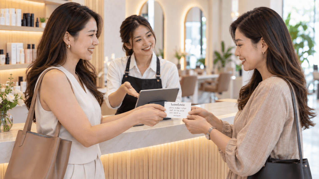 ลูกค้าส่งต่อบัตรคอร์สให้เพื่อนที่เคาน์เตอร์ โดยมีพนักงานช่วยยืนยัน