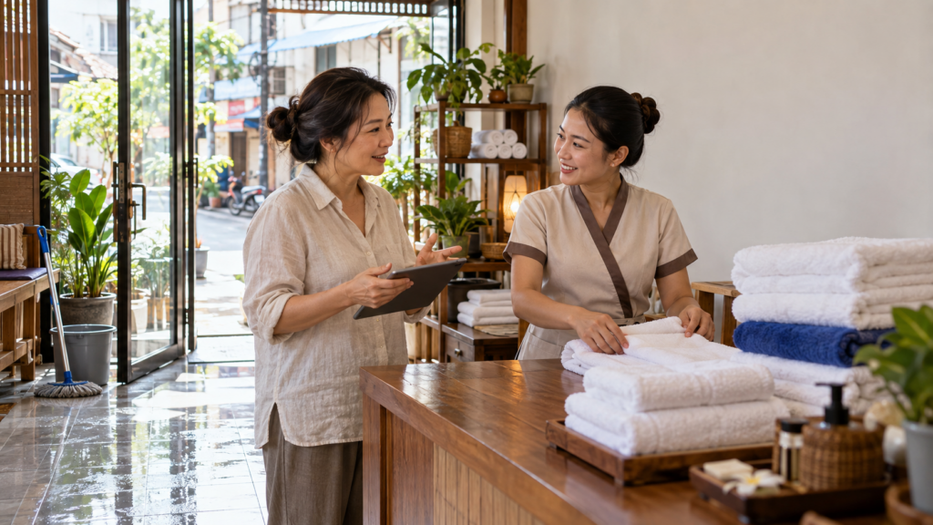 เจ้าของร้านสปาหญิงยืนหน้าร้านที่เปิดประตูรับแสงเช้าหลังน้ำลด ถือแท็บเล็ตคุยกับพนักงานที่กำลังพับผ้าขนหนูสะอาดเตรียมเปิดร้านอีกครั้ง