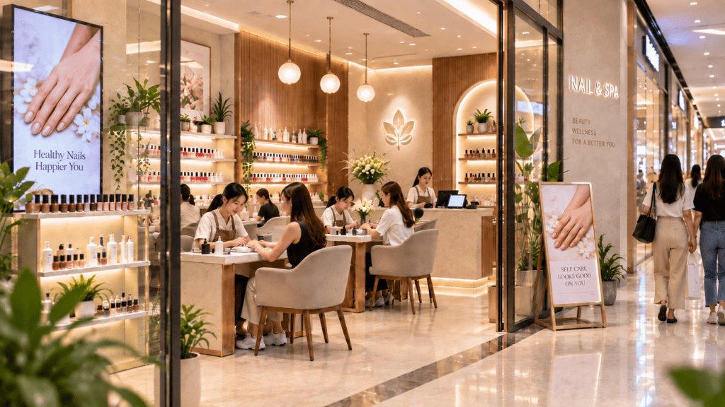 ร้านบริการทันสมัยในห้างสรรพสินค้าที่มีลูกค้าเดินผ่านหน้าร้าน