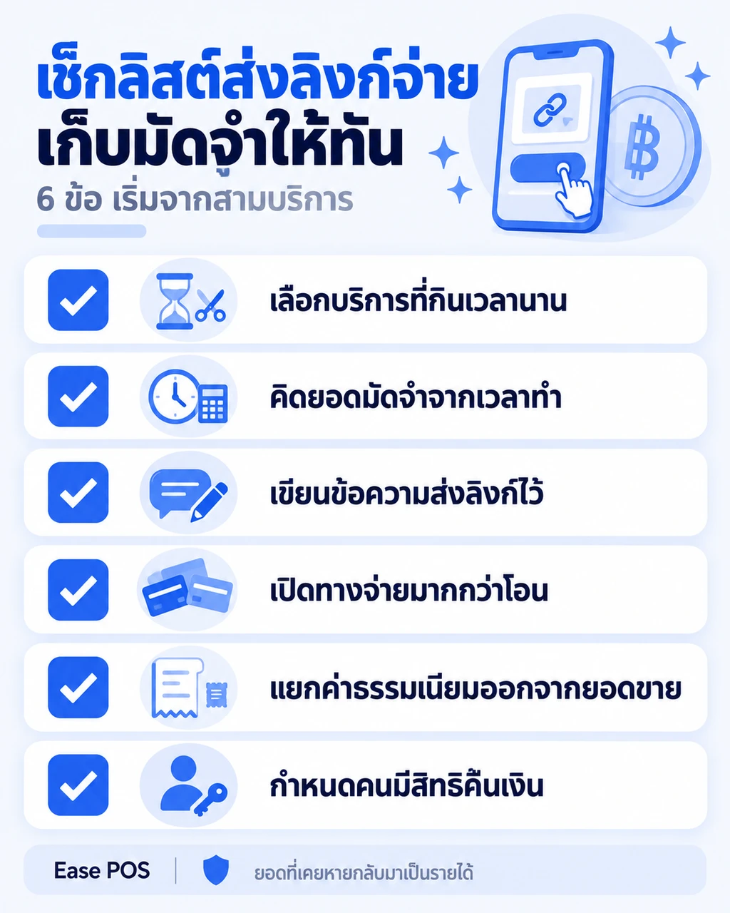 เช็กลิสต์หกข้อสำหรับส่งลิงก์จ่ายเงินให้เก็บมัดจำได้ทัน เริ่มจากสามบริการแรก