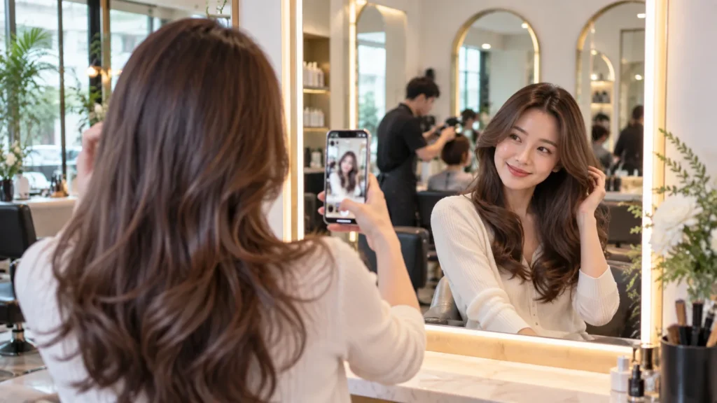ลูกค้าร้านเสริมสวยถ่ายรูปผลงานลงโซเชียลอย่างพอใจหลังใช้บริการ