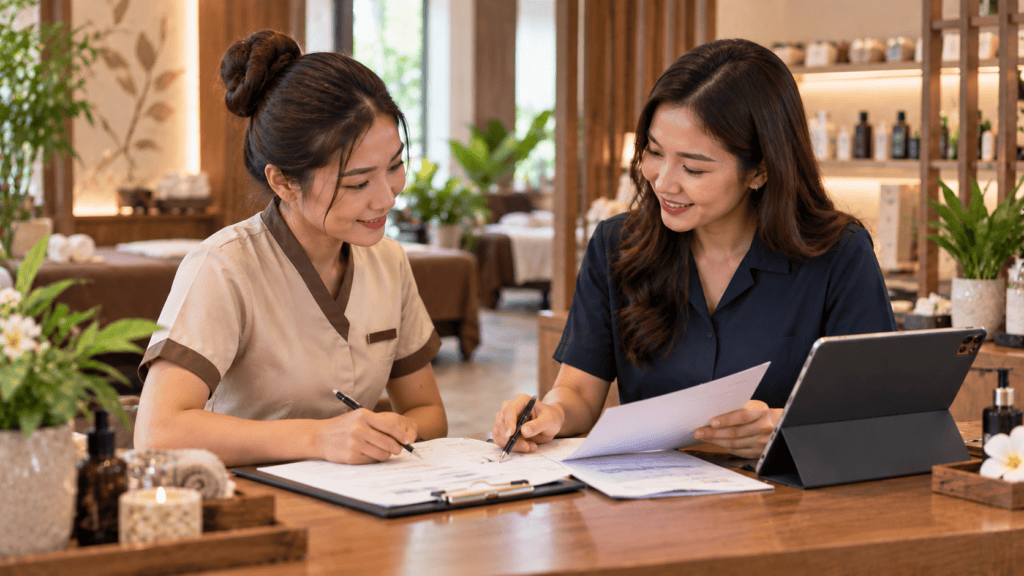 เจ้าของร้านนวดกำลังคุยเรื่องสัญญาแบ่งเปอร์เซ็นต์กับช่างที่เคาน์เตอร์