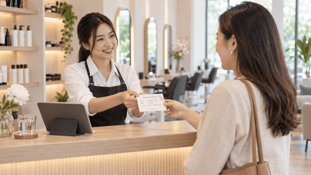 พนักงานยื่นบัตรสมาชิกให้ลูกค้าที่เคาน์เตอร์ร้านเสริมสวย