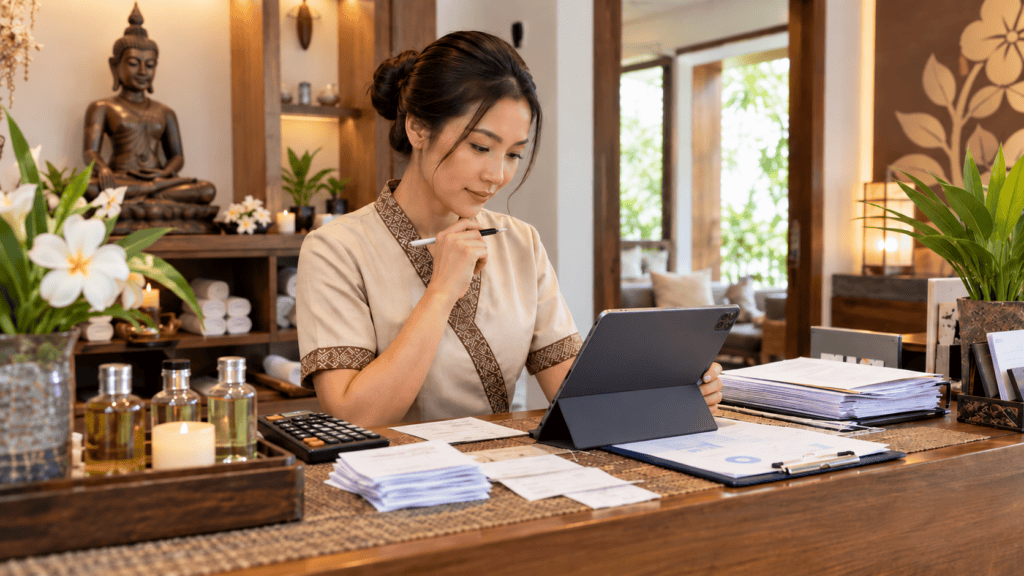 เจ้าของร้านสปากำลังตรวจยอดขายและเอกสารภาษีบนแท็บเล็ตที่เคาน์เตอร์ร้าน