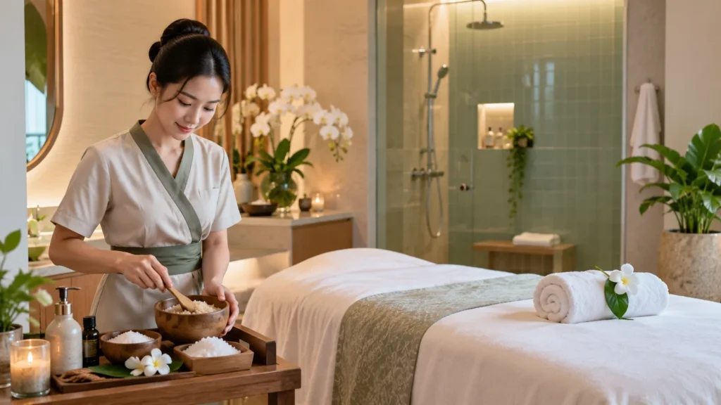 พนักงานสปาเตรียมชามสครับข้างเตียงทรีตเมนต์ในห้องขัดผิว