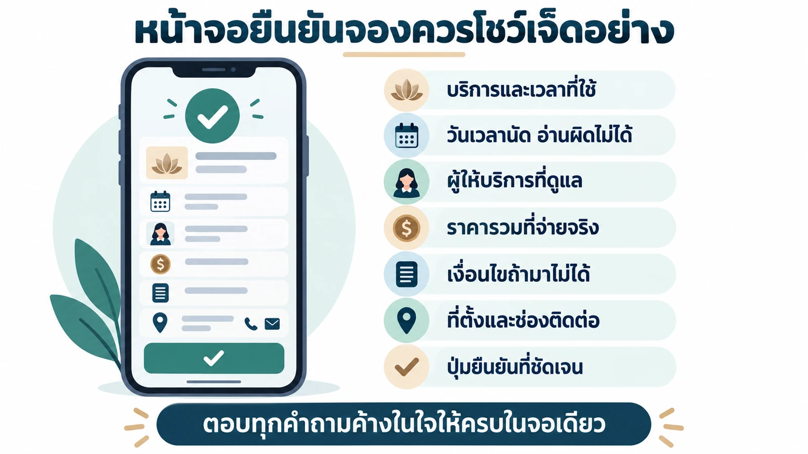 เจ็ดอย่างที่หน้าจอยืนยันการจองสปาควรโชว์ บริการ วันเวลา ผู้ให้บริการ ราคารวม เงื่อนไข ที่ตั้ง และปุ่มยืนยัน
