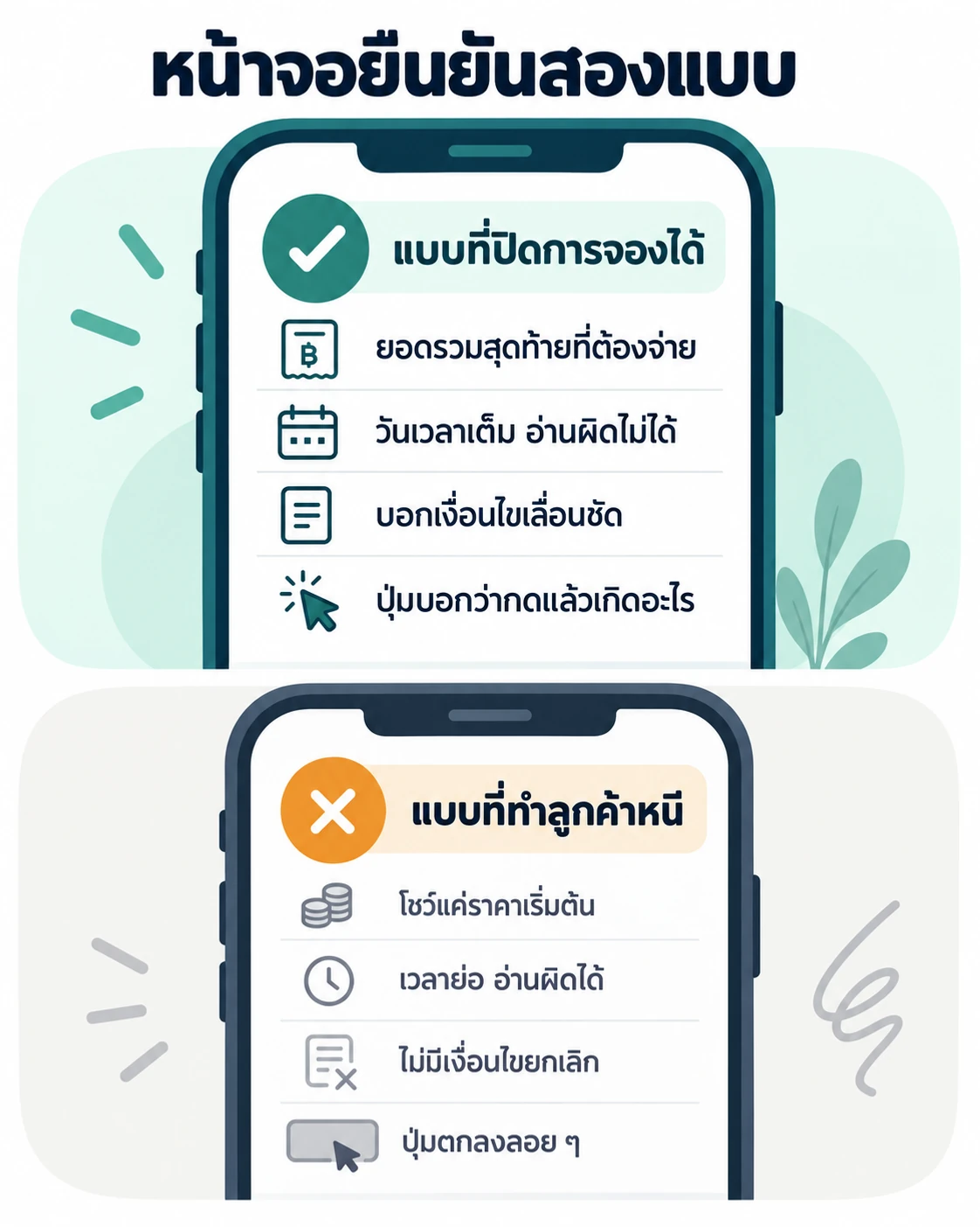 เทียบหน้าจอยืนยันจองแบบที่ปิดการจองได้กับแบบที่ทำลูกค้าหนี ต่างกันที่ราคา เวลานัด เงื่อนไข และปุ่มยืนยัน