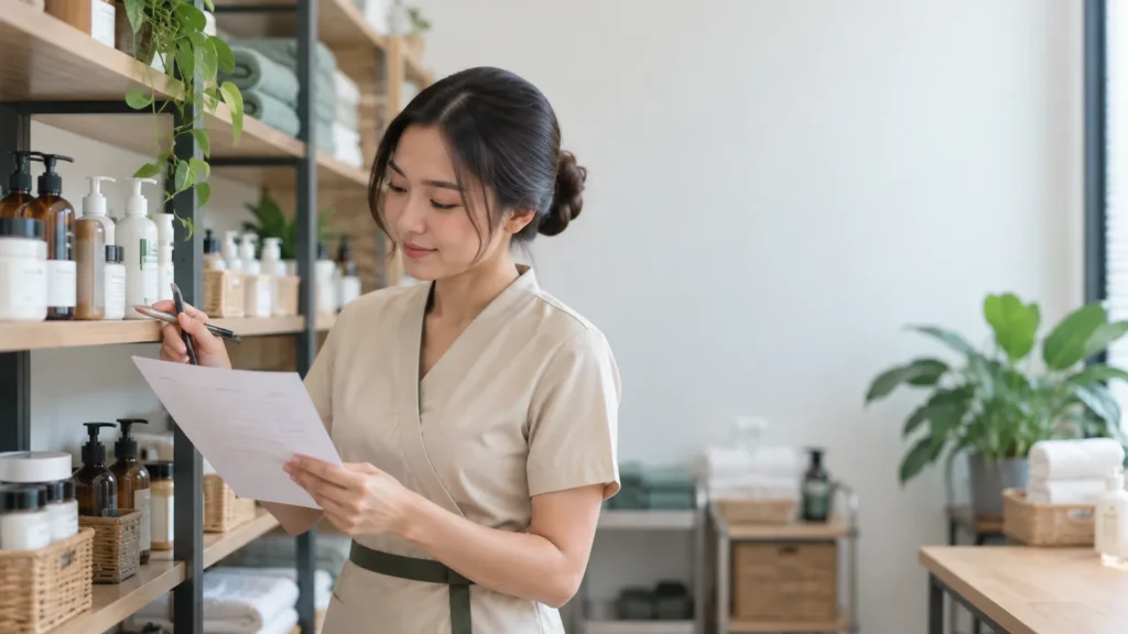 เจ้าของร้านสปาตรวจนับสต็อกวัสดุบนชั้นเก็บของพร้อมใบบันทึกสต็อก
