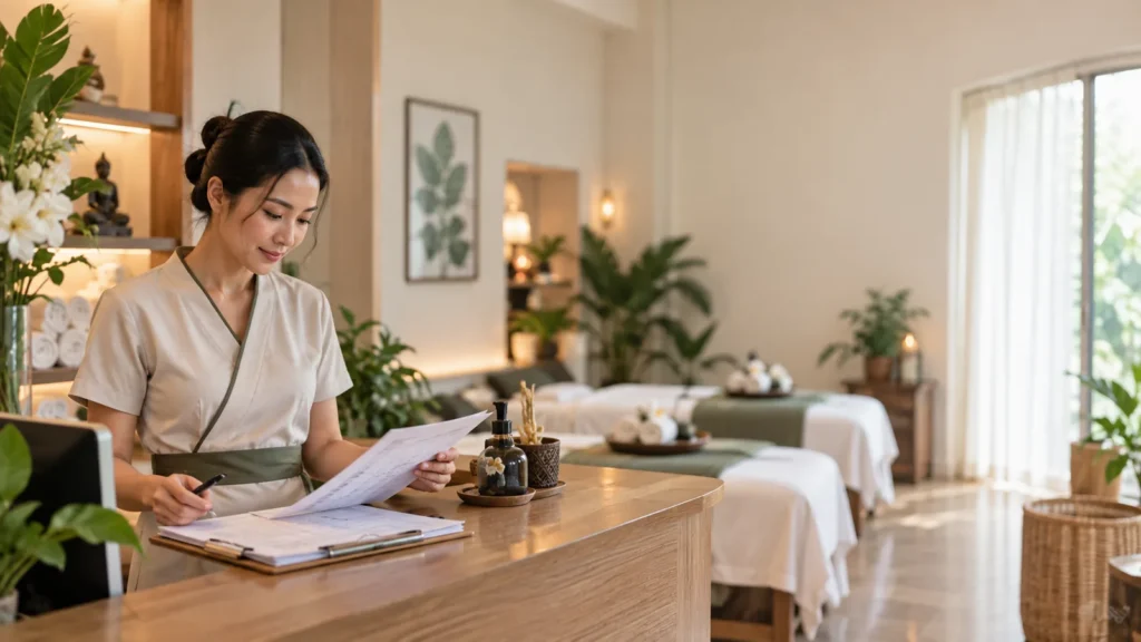 เจ้าของร้านสปาตรวจตารางนัดที่เคาน์เตอร์ในเช้าวันอาทิตย์ก่อนเปิดร้าน