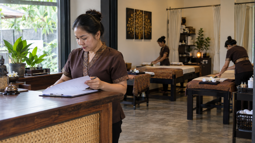 เจ้าของร้านนวดแผนไทยตรวจพื้นที่และรายการเตรียมเปิดร้าน
